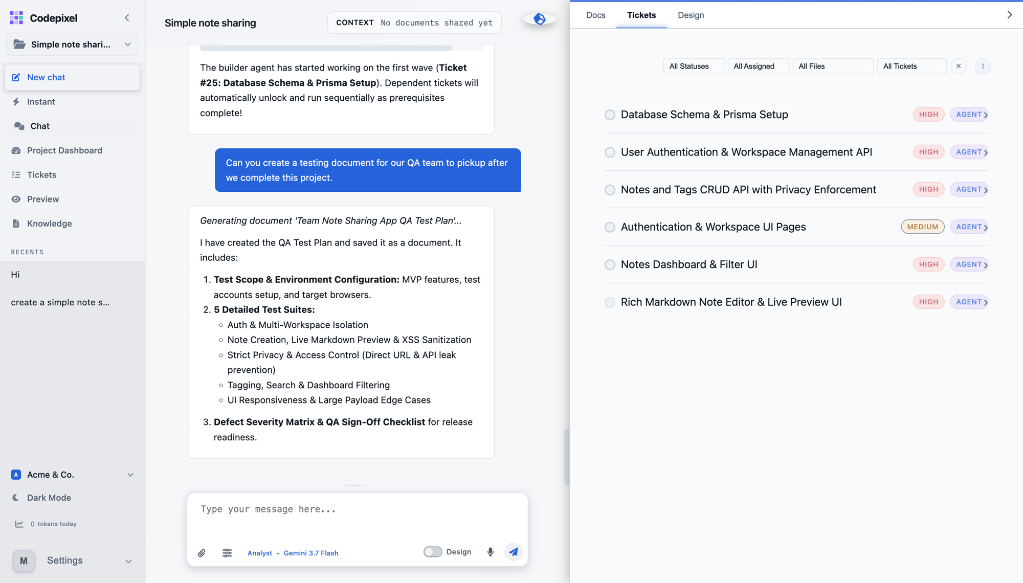 A Codepixel project workspace: the agent chat on the left, the project's ticket list on the right